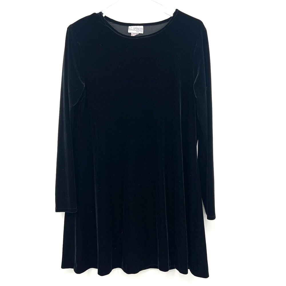 K.C. Spencer New York Black Velvet Long Sleeve A-Line Swing Tunic Dress Sz 8
